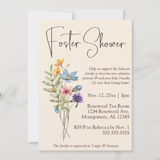 Invitation Fleur sauvage Boho Foster Care Bébé / Douche pour (Devant)