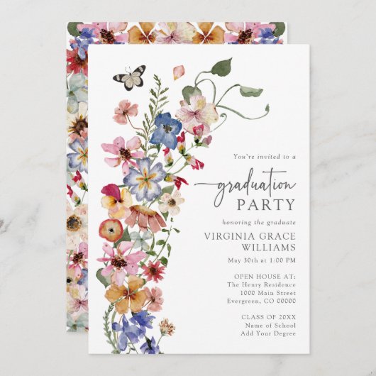Invitation Fleur sauvage Boho Graduation Party (Devant / Derrière)