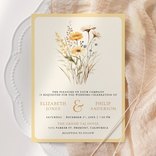 Invitation Fleur sauvage Boho Jaune Photo QR Code Mariage