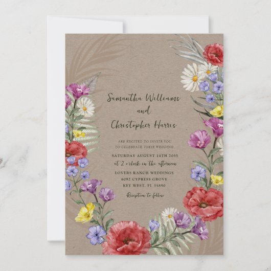 Invitation Fleur sauvage Boho Kraft & Mariage violet (Devant)