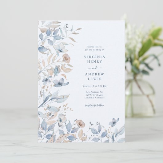 Invitation Fleur sauvage Boho Mariage bleu (Debout devant)