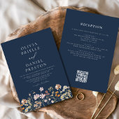 Invitation Fleur sauvage Boho Marine bleu QR Code Mariage