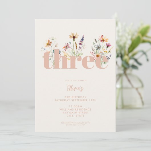 Invitation Fleur sauvage Boho moderne 3e anniversaire (Debout devant)