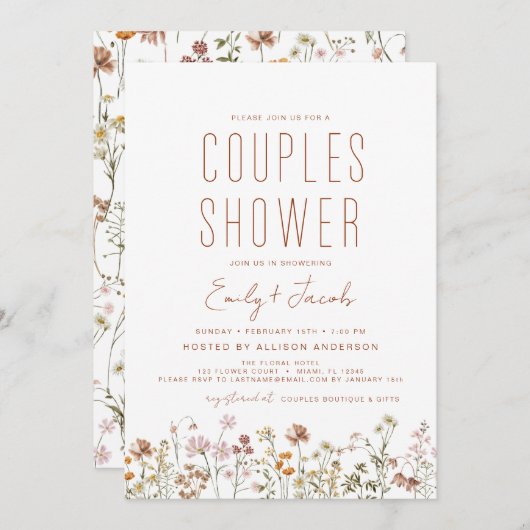 Invitation Fleur sauvage Boho moderne Couples Douche élégant (Devant / Derrière)