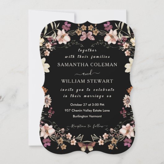 Invitation Fleur sauvage Boho moderne Elégant Mariage noir (Devant)