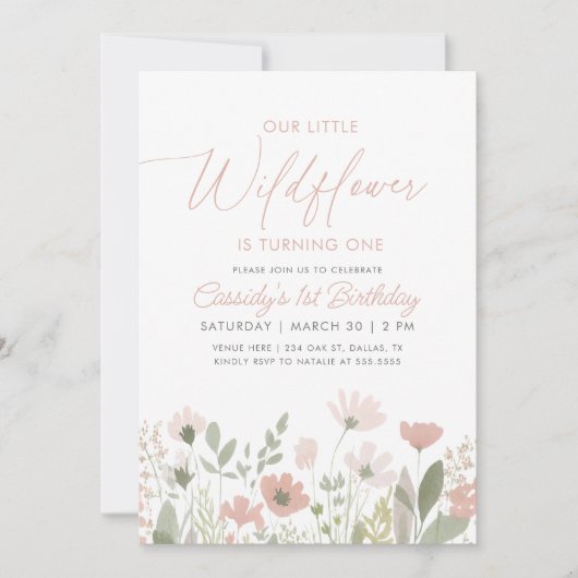 Invitation Fleur sauvage Boho rose 1er anniversaire (Devant)