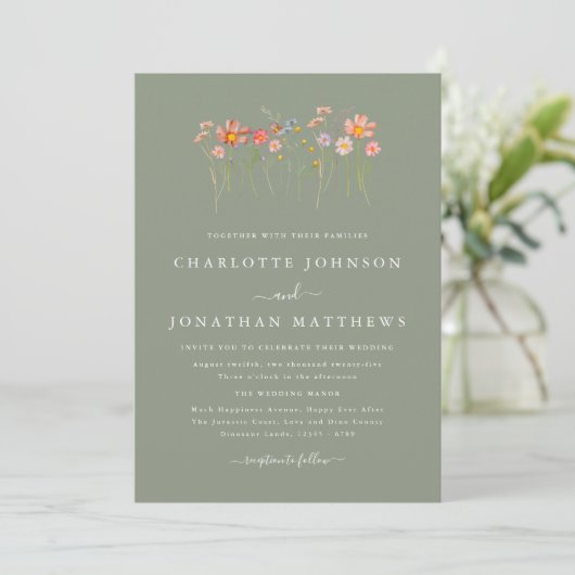 Invitation Fleur sauvage Boho Sage Green Mariage (Debout devant)