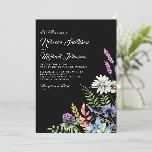 Invitation Fleur sauvage Boho tout en un Mariage noir (Debout devant)