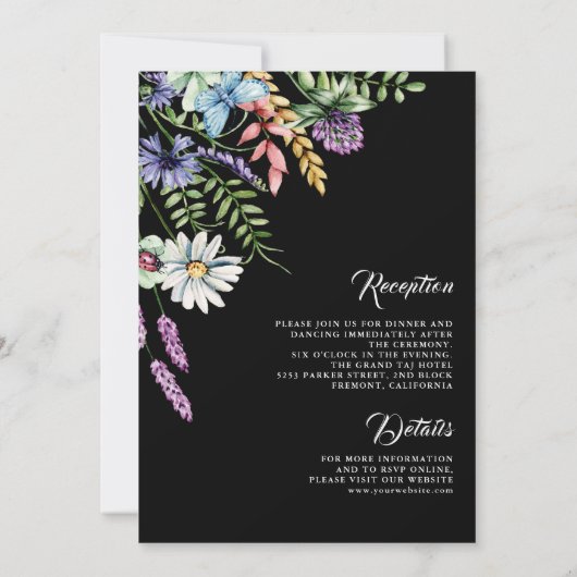 Invitation Fleur sauvage Boho tout en un Mariage noir (Dos)