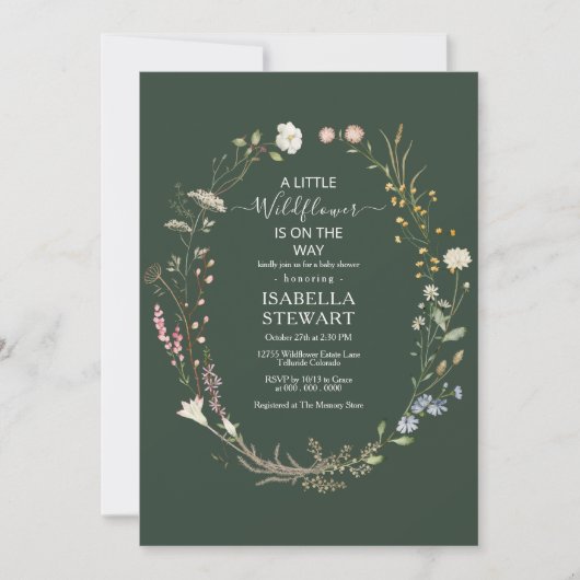 Invitation Fleur sauvage Boho Vert foncé Thème Baby shower ch (Devant)