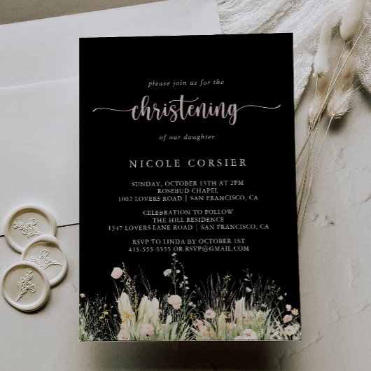 Invitation Fleur sauvage Boho vert Noir Christening