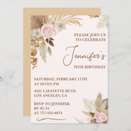 Invitation Fleur sauvage Boho Whimsy Super 76e anniversaire (Devant / Derrière)