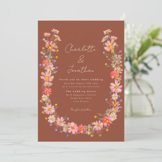 Invitation Fleur sauvage Boho Wreath Burn Orange Mariage de a (Debout devant)