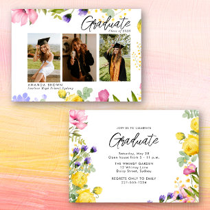 Invitation Fleur sauvage Bold Trois photo Graduation 2025