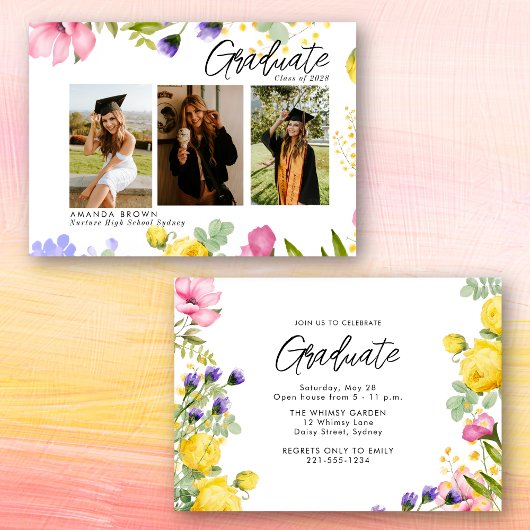 Invitation Fleur sauvage Bold Trois photo Graduation 2025