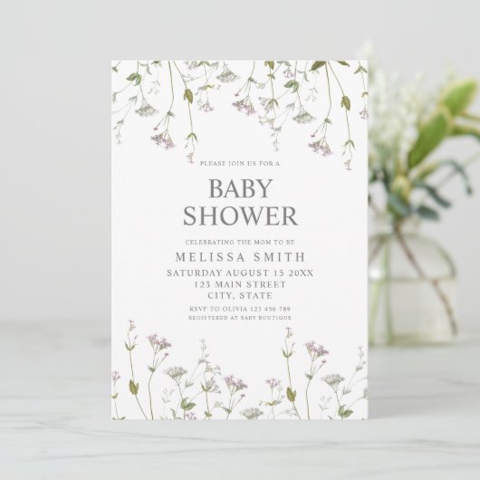 Invitation Fleur sauvage botanique Baby shower floral (Debout devant)