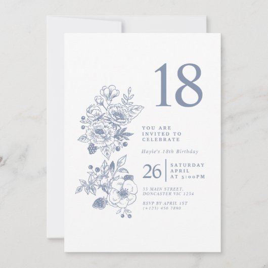 Invitation Fleur sauvage botanique Dusty Blue 18e anniversair (Devant)