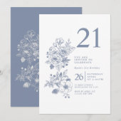 Invitation Fleur sauvage botanique Dusty Blue 21e anniversair (Devant / Derrière)