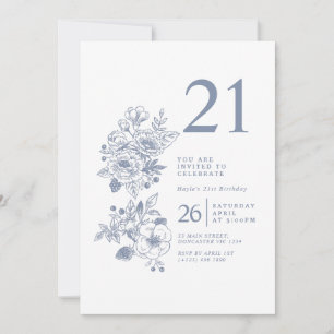 Invitation Fleur sauvage botanique Dusty Blue 21e anniversair