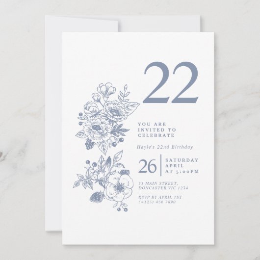 Invitation Fleur sauvage botanique Dusty Blue 22e anniversair (Devant)
