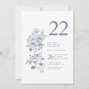 Invitation Fleur sauvage botanique Dusty Blue 22e anniversair