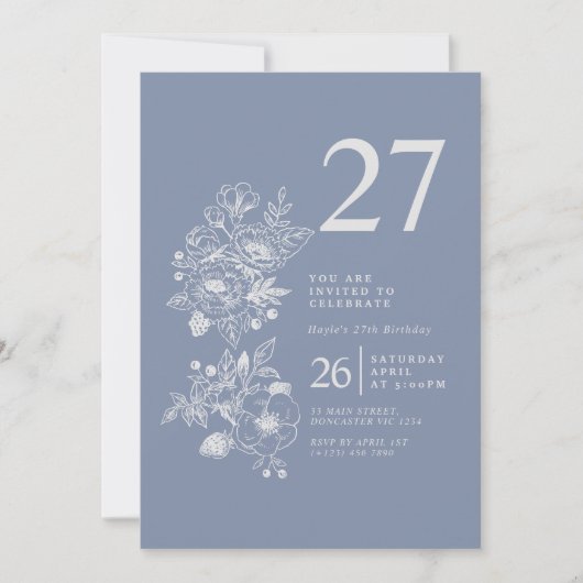 Invitation Fleur sauvage botanique Dusty Blue 27e anniversair (Devant)