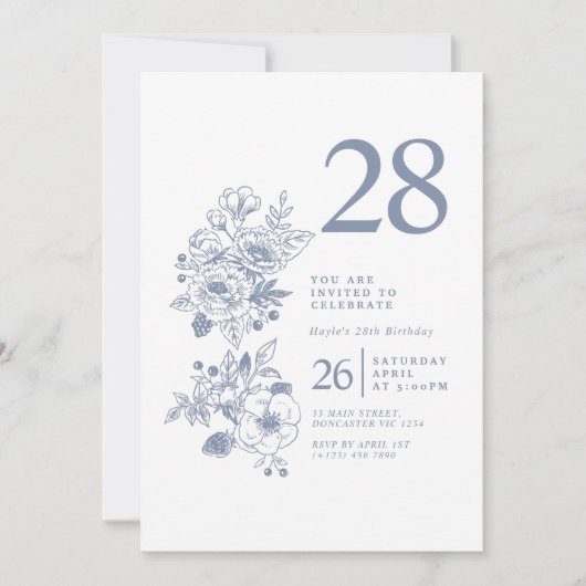Invitation Fleur sauvage botanique Dusty Blue 28e anniversair (Devant)