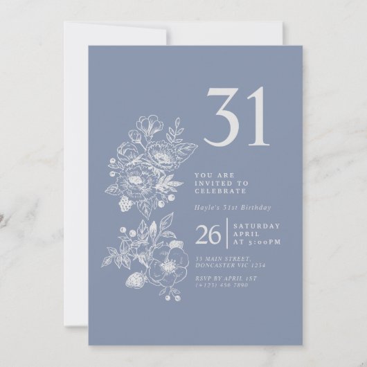 Invitation Fleur sauvage botanique Dusty Blue 31e anniversair (Devant)