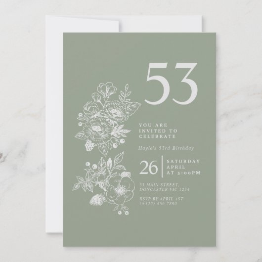 Invitation Fleur sauvage botanique Dusty Blue 53e anniversair (Devant)