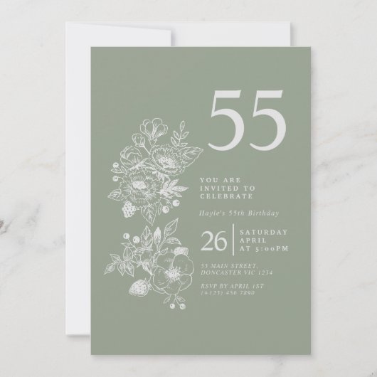 Invitation Fleur sauvage botanique Dusty Blue 55e anniversair (Devant)
