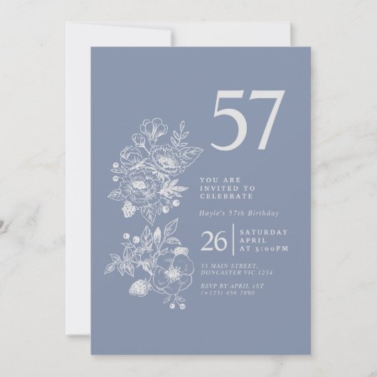 Invitation Fleur sauvage botanique Dusty Blue 57e anniversair (Devant)