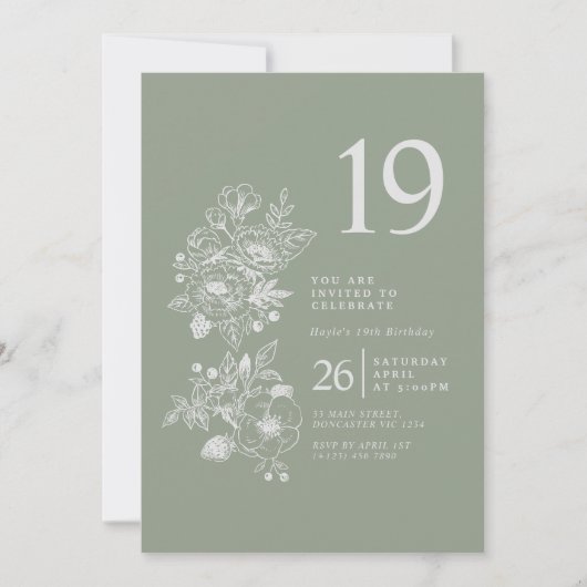Invitation Fleur sauvage botanique Sage Green 19e anniversair (Devant)