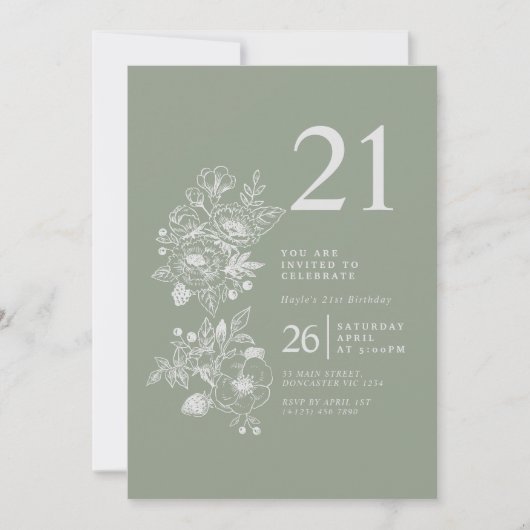 Invitation Fleur sauvage botanique Sage Green 21e anniversair (Devant)