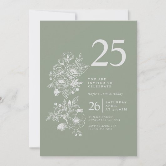 Invitation Fleur sauvage botanique Sage Green 25e anniversair (Devant)