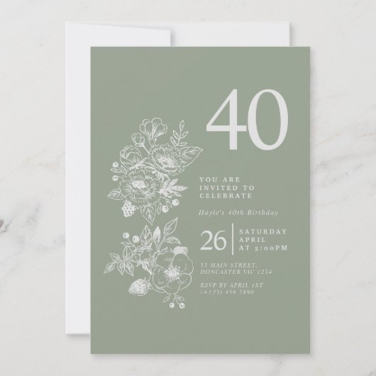 Invitation Fleur sauvage botanique Sage Green 40e anniversair (Devant)