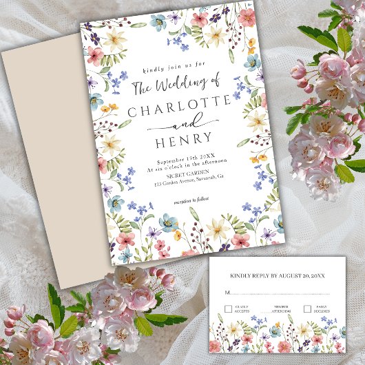 Invitation Fleur sauvage botanique simple rustique Mariage bl