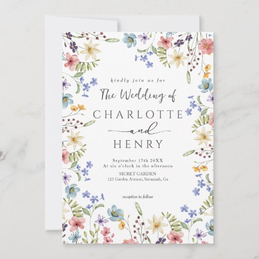 Invitation Fleur sauvage botanique simple rustique Mariage bl (Devant)