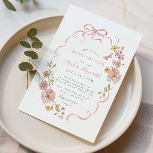 Invitation Fleur sauvage Bow frame Baby shower rose