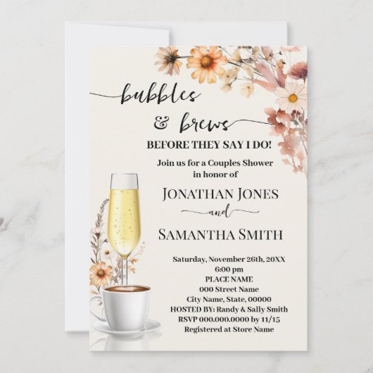Invitation Fleur sauvage Bubbles & Brews Café Couples Douche (Devant)