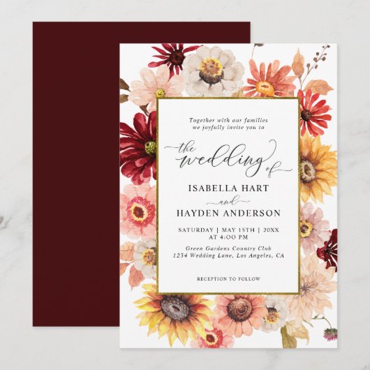 Invitation Fleur sauvage Burgundy Gold Colorée Mariage (Devant / Derrière)