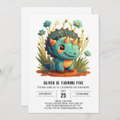 Invitation Fleur sauvage Chic Dinosaur Boy Anniversaire (Devant / Derrière)