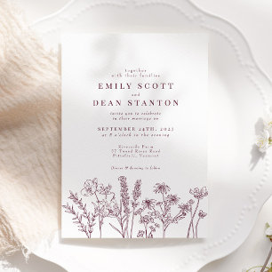 Invitation Fleur sauvage chic Plum Bourgogne Mariage