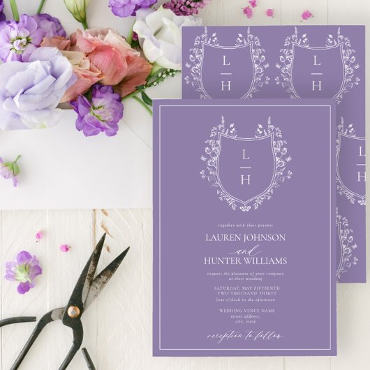 Invitation Fleur sauvage classique Monogram Crest Mariage