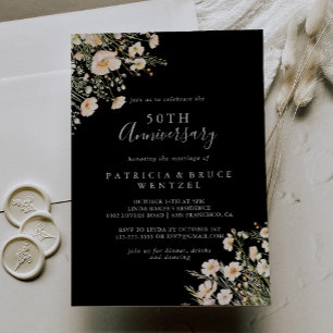 Invitation Fleur sauvage classique Noir 50e anniversaire Mari