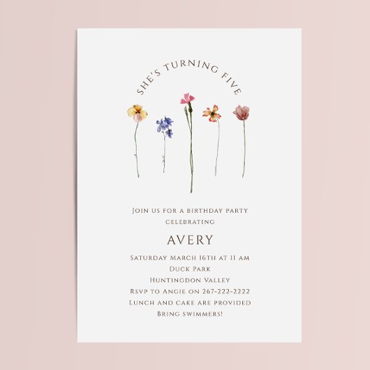Invitation Fleur sauvage coloré Cinquième fête d'anniversaire