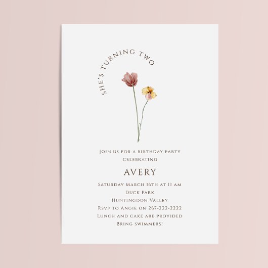 Invitation Fleur sauvage coloré Deuxième fête d'anniversaire