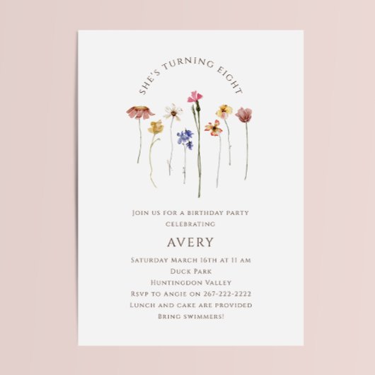 Invitation Fleur sauvage coloré huitième fête d'anniversaire
