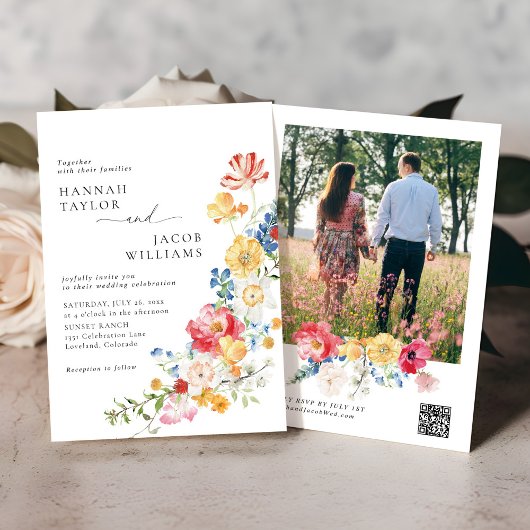 Invitation Fleur sauvage coloré Photo QR Code Mariage RSVP