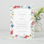 Invitation Fleur sauvage coloré Rouge bleu Monogramme Mariage (Debout devant)