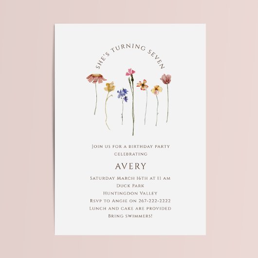 Invitation Fleur sauvage coloré Septième fête d'anniversaire